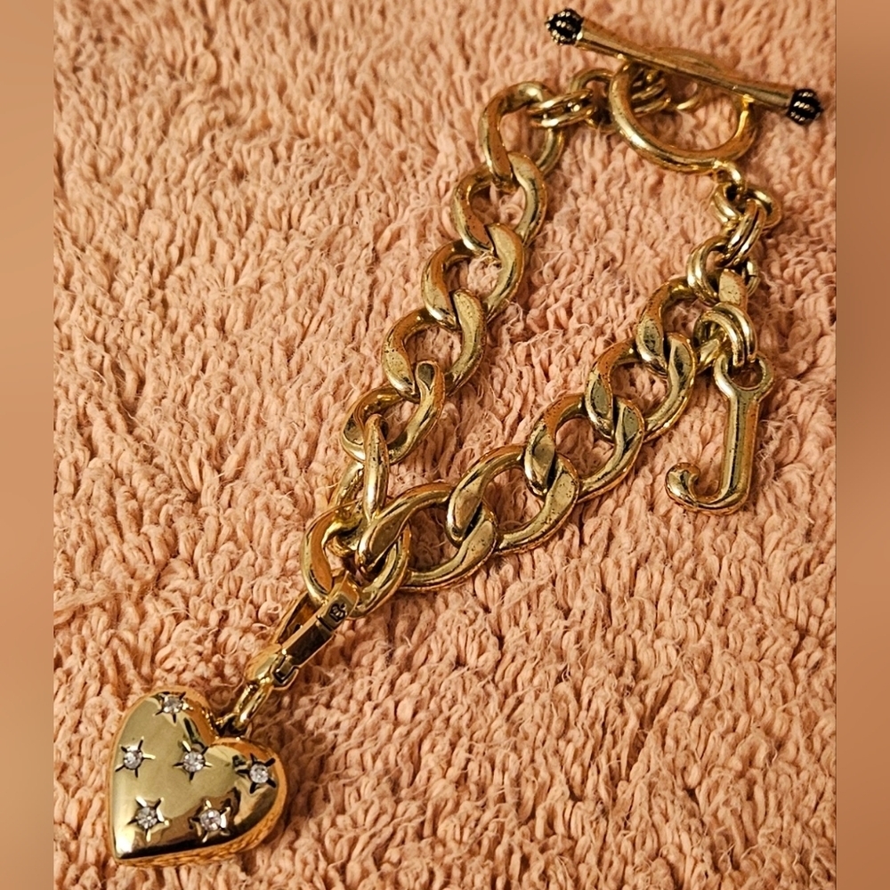 NWT Juicy Couture YJRUSC09 Gold Heart Crystal Toggle Charm Bracelet Y2K